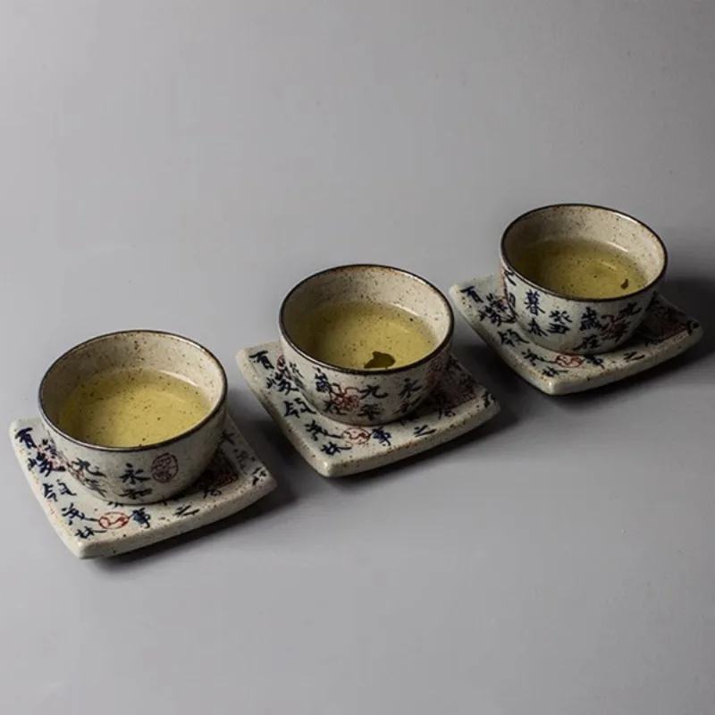 Retro ceramic coasters hand-painted teacup coasters coarse earthenware heat-insulating square tea trays tea ceremony accessories