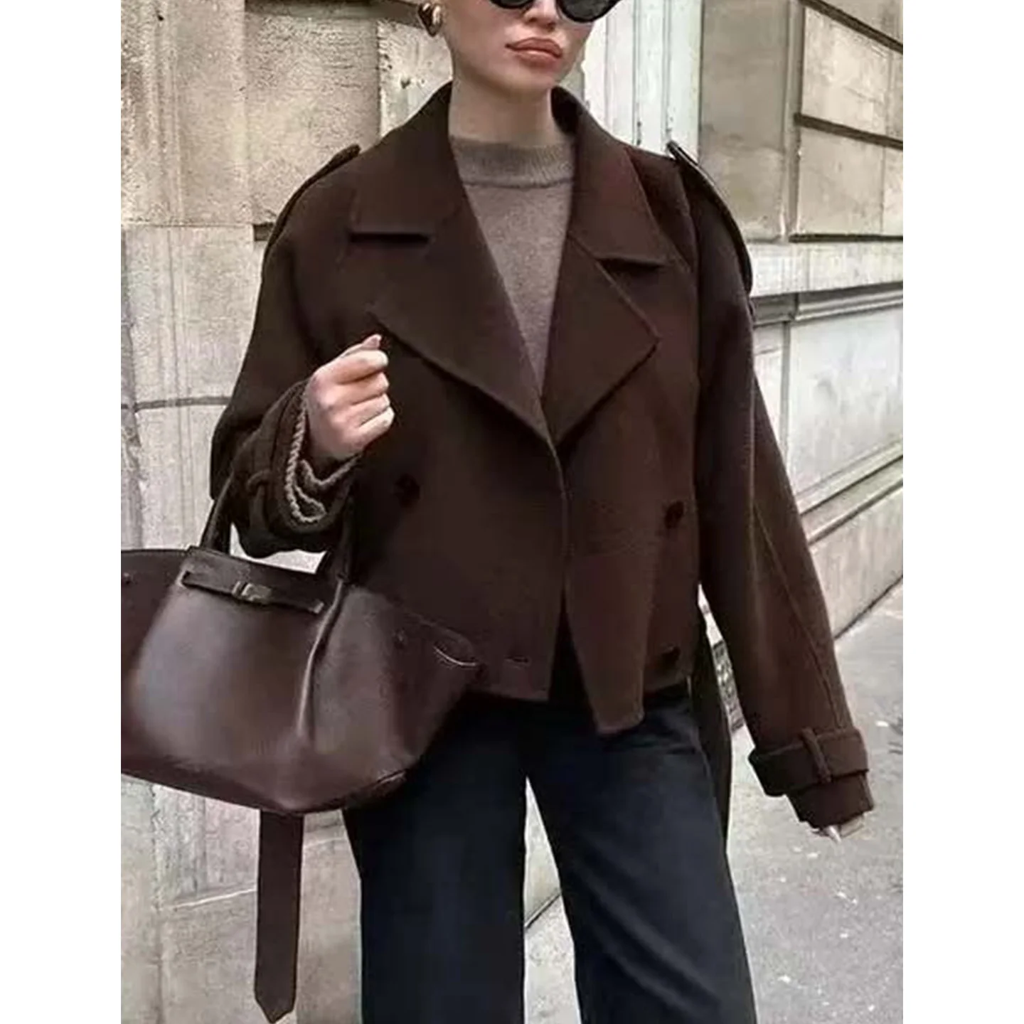 Herbst Winter Neue Ankunft frauen Briti Sle Jaet Doppel Geknöpft Fliege Taille Cinched Anzug Kragen Lange Sve ort Mantel