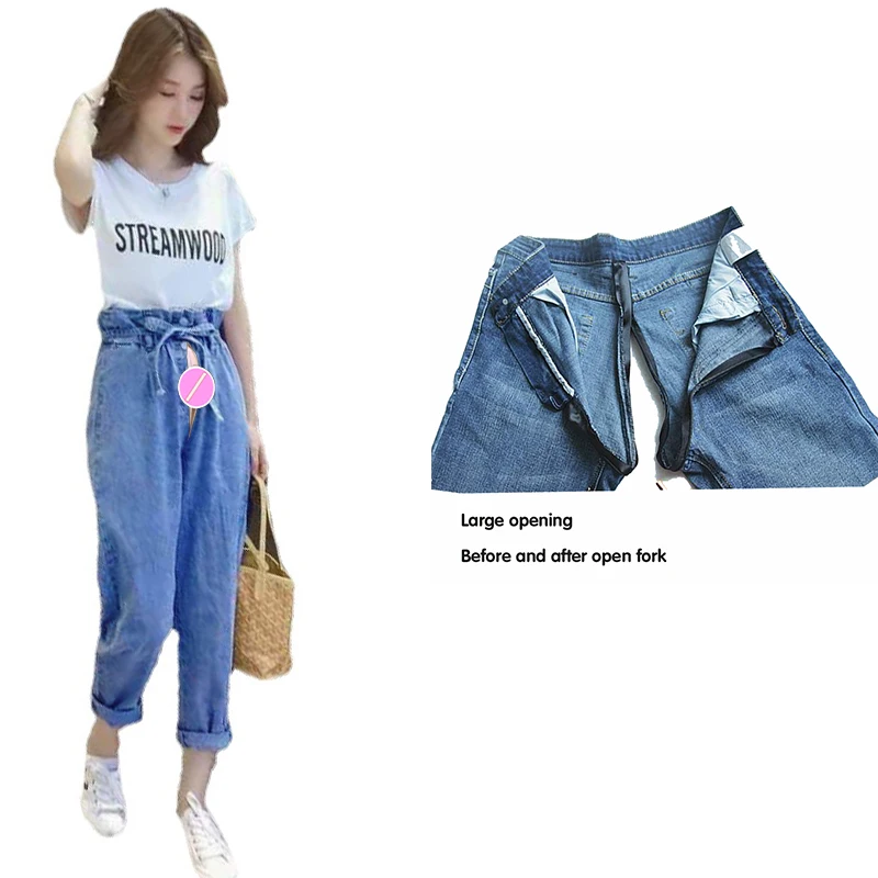 Retro Drawstring High Waist Jeans Women's Invisible Open-Seat Pants Outdoor Convenient Loose Straight Trousers Denim Harem Pants