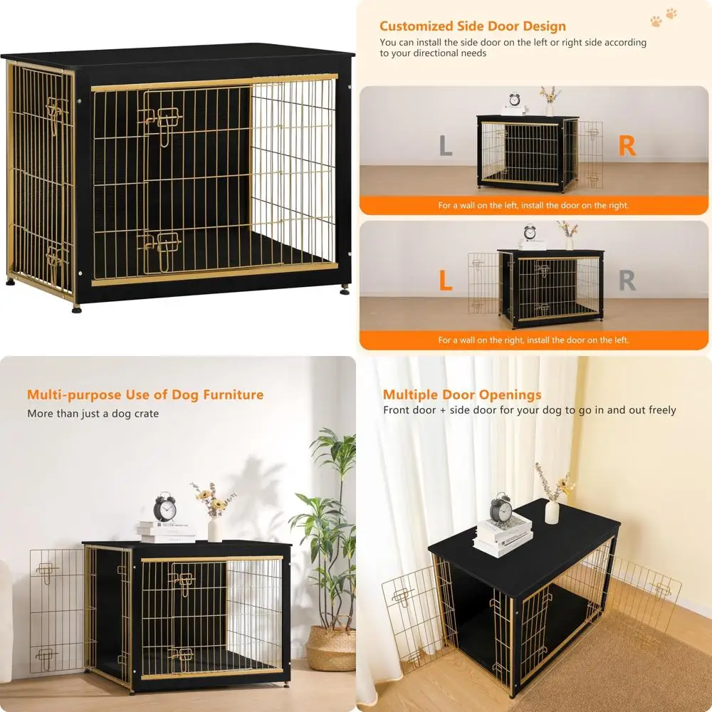 

Danton Wooden Dog Crate with Cushion, Double Door Indoor Kennel, Large 38.5L, Black and Gold