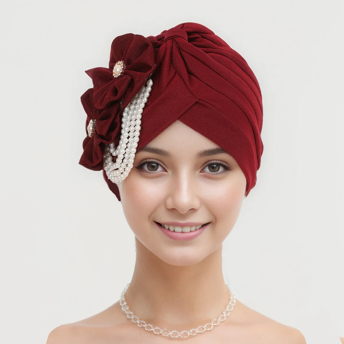 

Pearls Beading Turban Cap for Women Flower Head Wraps Muslim Hijab Headscarf Bonnet Hair Loss Hat Cover Chemo Turbante Mujer New