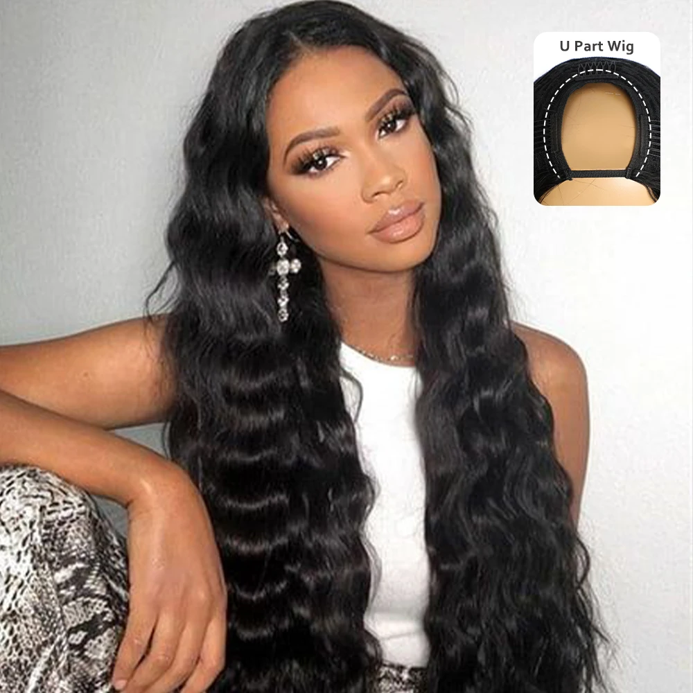 Megeen Body Wave Beginner Friendly U Part Wigs Human Hair Burmese Full Machine Wigs For Women No Sew In No Glue 28 Inch 1B Black