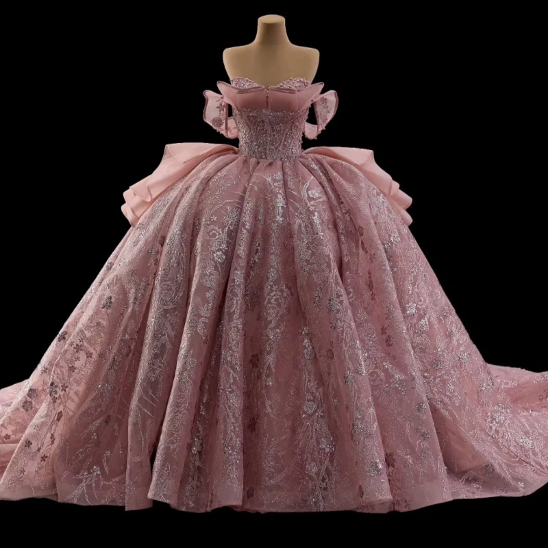

Pink Shiny Princess Quinceanera Dresses Sequin Appliqued Lace Beading Crystal Tull Sweet 16 Dress Sweetheart Off Shoulder Ball