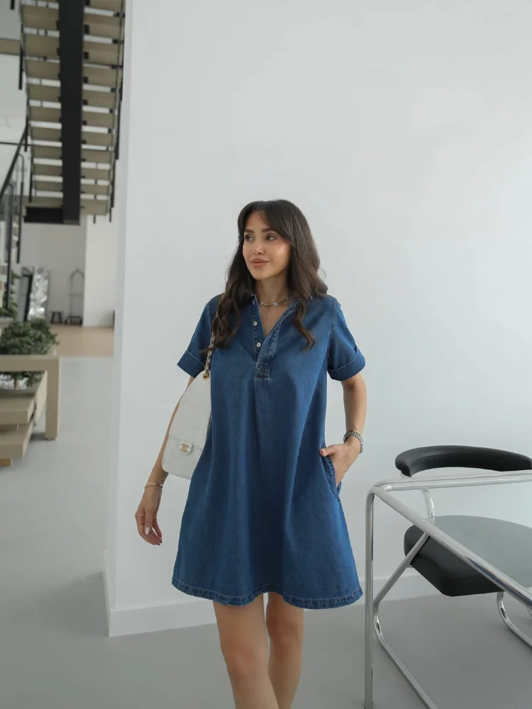 

Women's Vintage Loose Fit Casual Korean Style Elegant Collared Denim Dresses Fashion H-Line Short Sleeve Maxi Dress Summer 2026