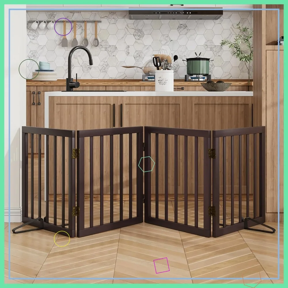 

Freestanding Wooden Dog Gate, 4-Panel Foldable, Extra Wide for Doorways & Stairs, 24in Tall with Support Feet