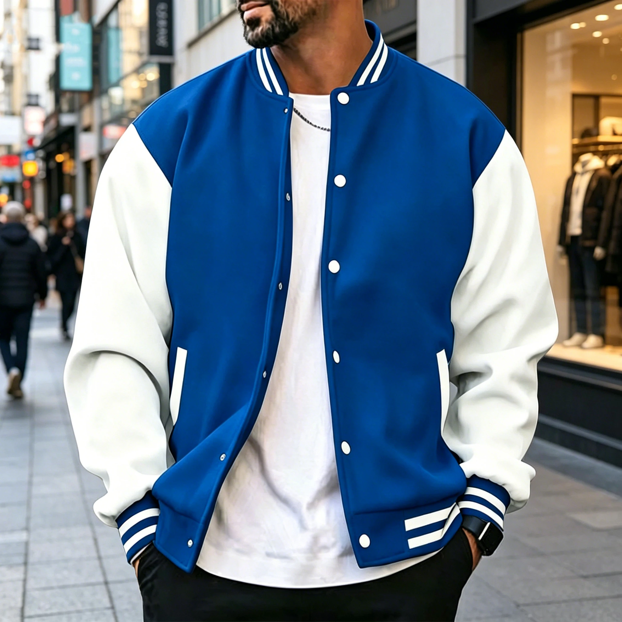 Veste universitaire classique pour homme, noir et blanc contrasté, avec bordure côtelée rayée, bouto