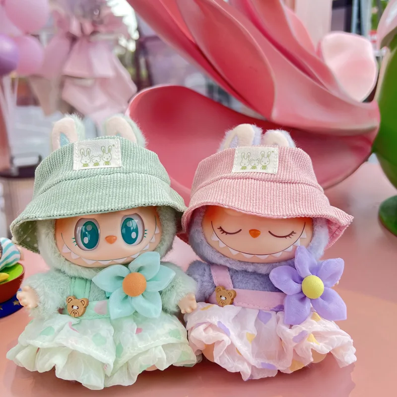 Hot 17cm Second Generation Sitting Position Vinyl Labubu Clothes Kawaii Summer Gauze Skirt Hat Muppet Dolls Change Clothes