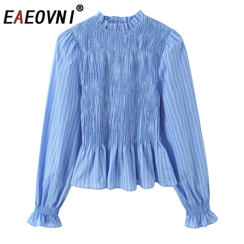 

EAEOVNI 2026 Spring New Women's Blouse Stand Collar Ruffles Design Pleated Long Sleeve Solid Color Shirt Casual Clothing