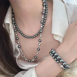 8-10mm Artificial Tahiti Gray Pearl Necklace For Office Women Choker Seawater Round Zircon Buckle Fold Wear Necklace Set Jewelry