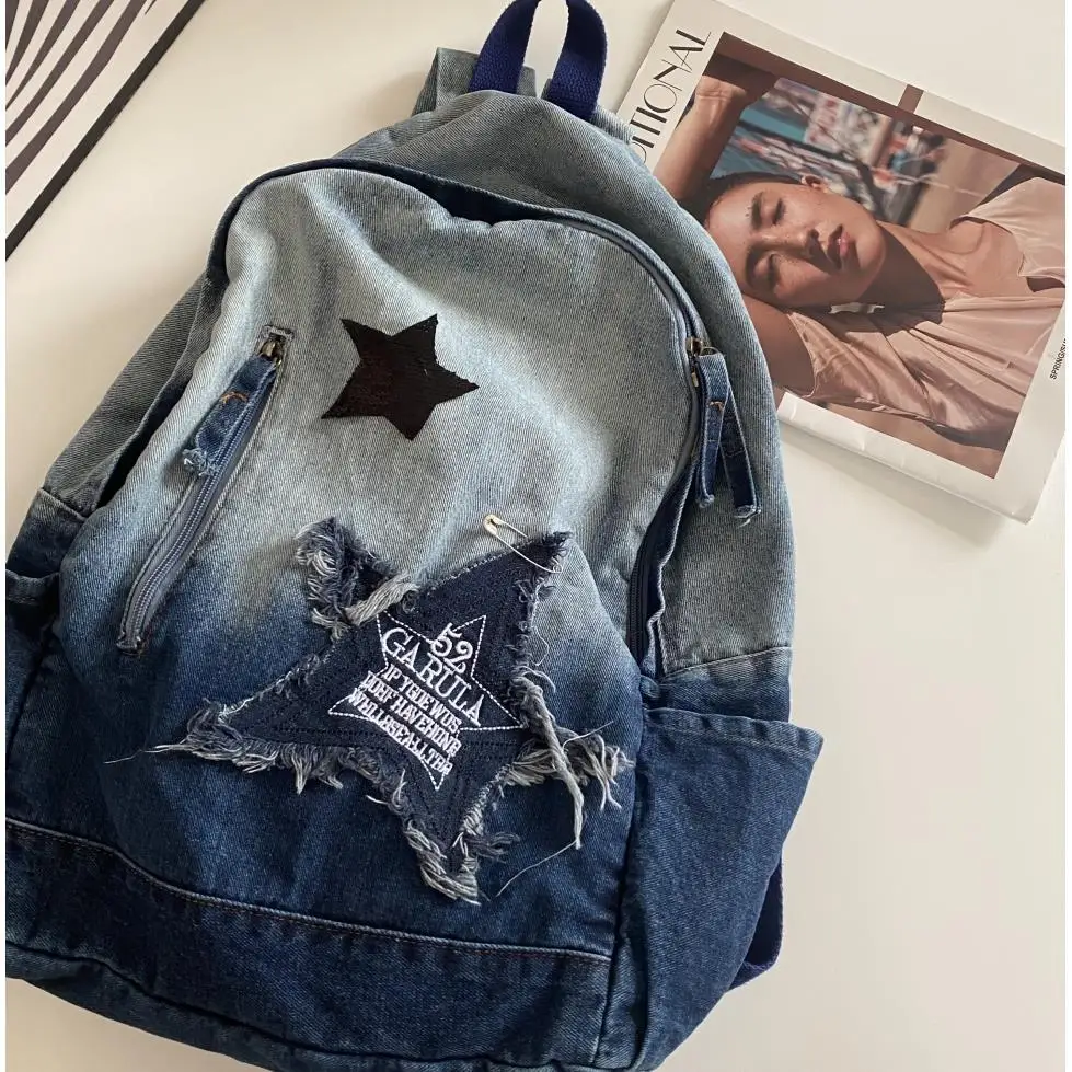 Women\'s Y2k Backpack Korean Style Denim School Bag For Girl Star Pattern Teenager Student Schoolbag Book Embroidery Bagpack New