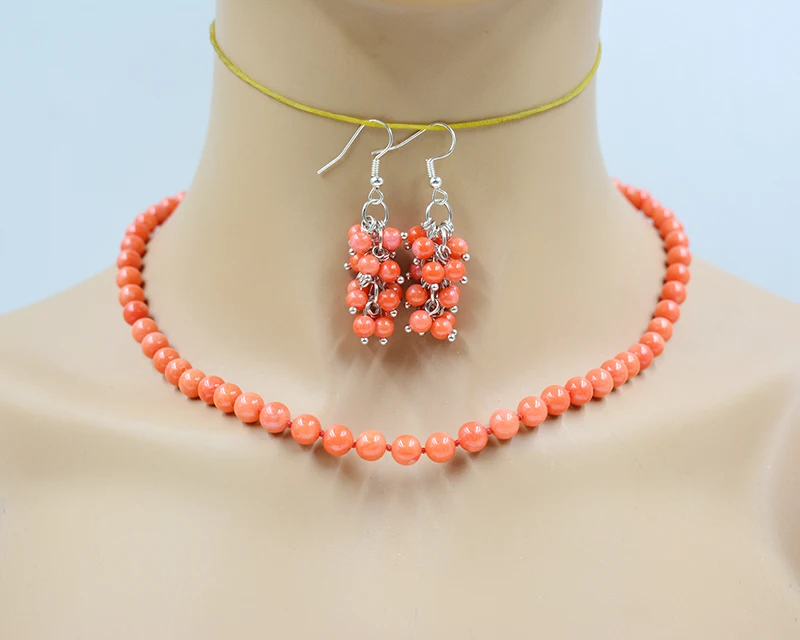 6MM is extremely delicate/beautiful. Natural coral necklace/earrings set. Women's Wedding Classic Jewelry 18”