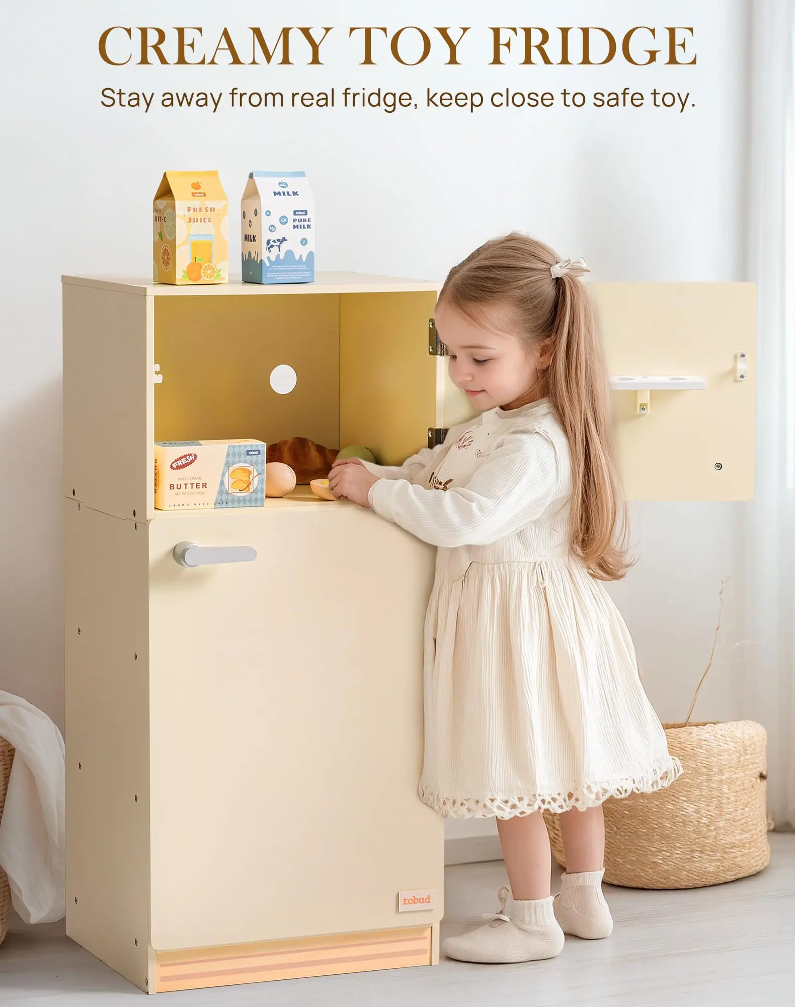 ROBOTIME ROBUD Play Kitchen Ensemble d'accessoires de réfrigérateur en bois pour garçons filles enfants âgés de 3 ans et plus