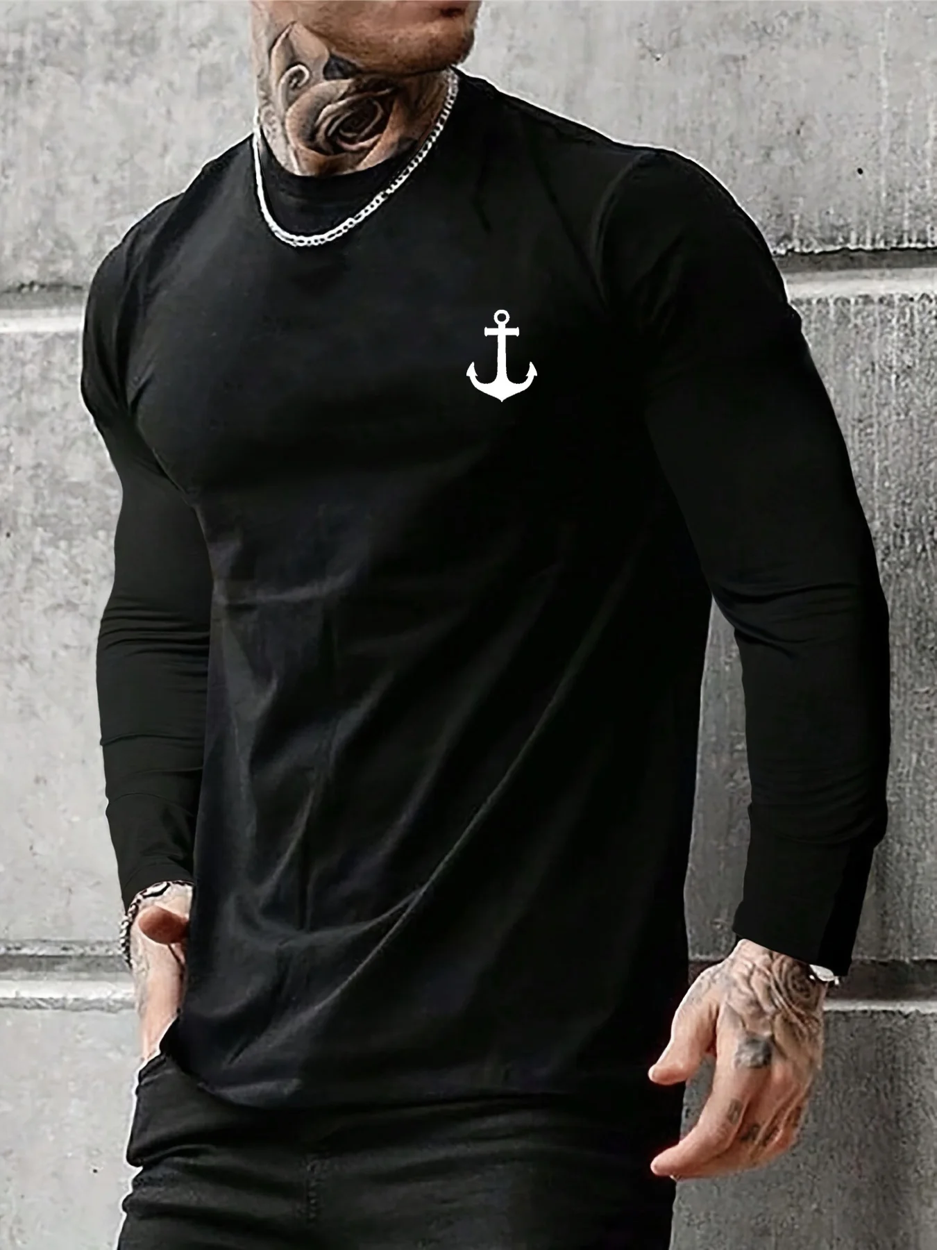 

100% pure cotton men's long sleeved round neck loose casual boat anchor print spring and autumn versatile T-shirt top