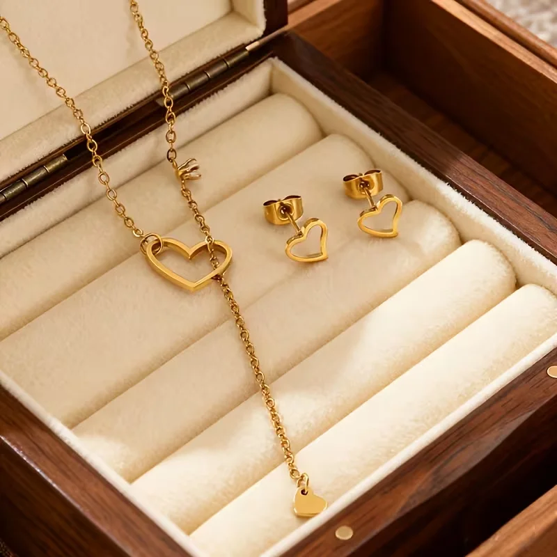 Women's Stainless Steel 18K Gold-Plated Simple Hollow Heart Y-Shaped Tassel Jewelry Set - Earrings And Necklace