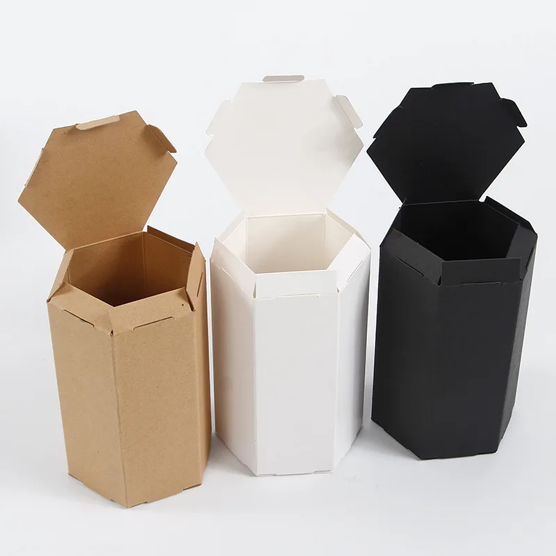 50pcs Wholesale Kraft Paper Hexagon Gift Box Black Hexagonal Carton Tea Boxes White Storage Party Packaging Boxes