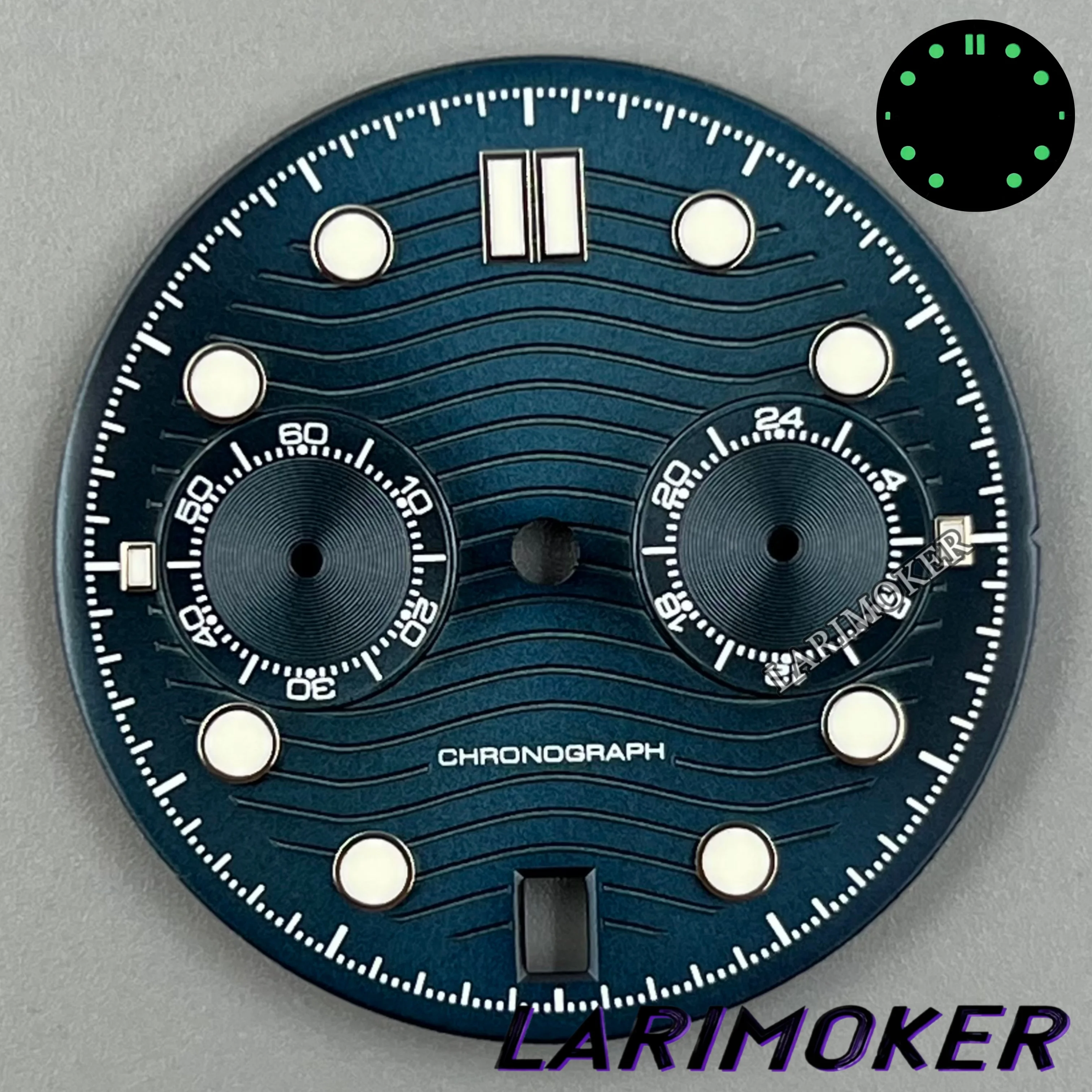 LARIMOKER NEW 31mm Vk64 Wave-pattern Quarzt Watch Dial Green Luminous 6 Hour's Date Window For VK64 Quartz Movement Watch Parts