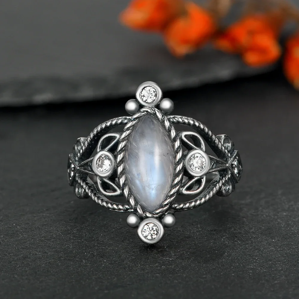 Vintage 925 Silver Ring Natural Moonstone Denier Type Horse Eye Design for Women Men Exquisite Packing Gift Engagement ring