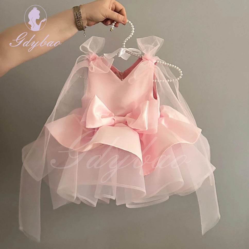 

Pink Flower Girl Dress For Wedding Puffy Sleeveless With Bow Kids Birthday Baby Party Princess First Communion Ball Gown