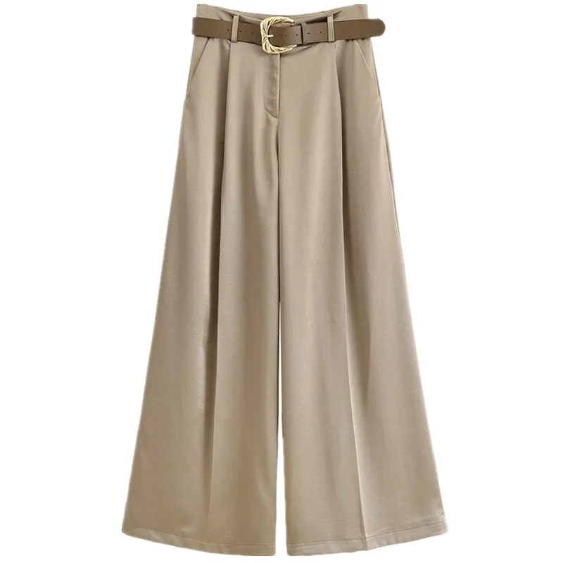 Primavera 2025 Pantaloni casual a gamba larga in raso di seta da donna con cintura a L Pantaloni lunghi in vita Collezione estiva Sle versatile