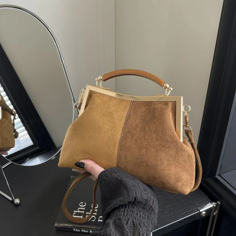 

2026 Suede Handbag with Wooden Handle Vintage Gold-Tone Metal Frame Top Handle Bag for Women Retro Chic Shoulder Purse