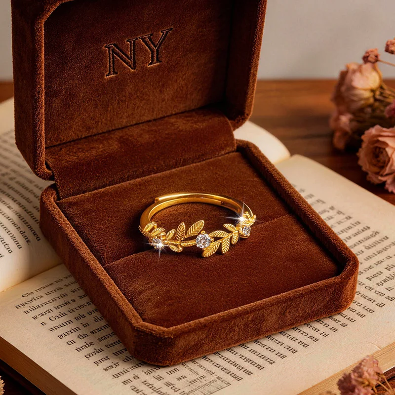 

2026 Niche Style Simple Fashion Light Luxury Ring Bay Leaf Dot Diamond Wheat Ear 9999 24K Real Gold Ring for Women