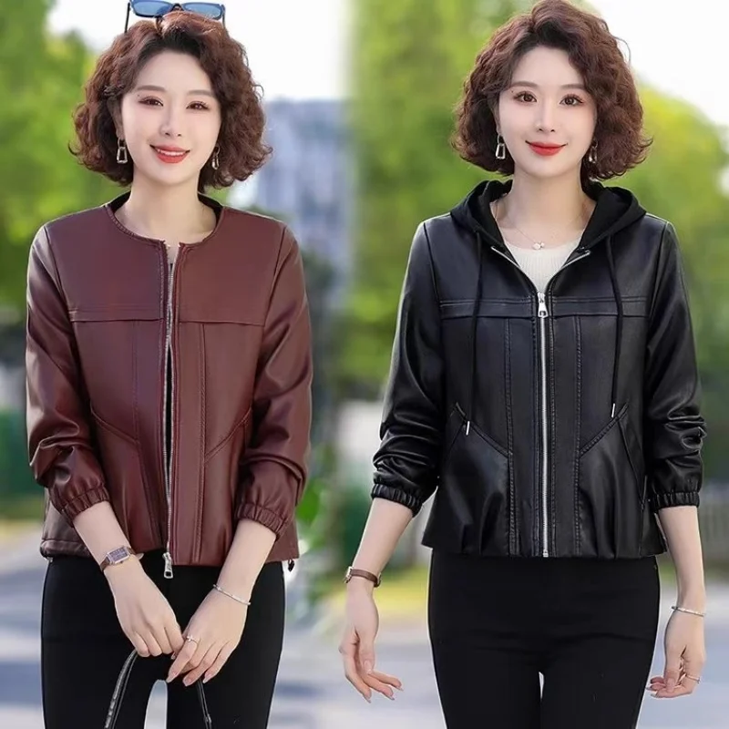 2025 Autumn Fashion Hooded PU Leather Jacket For Women Loose And Versatile Stylish Casual Coat Top w509