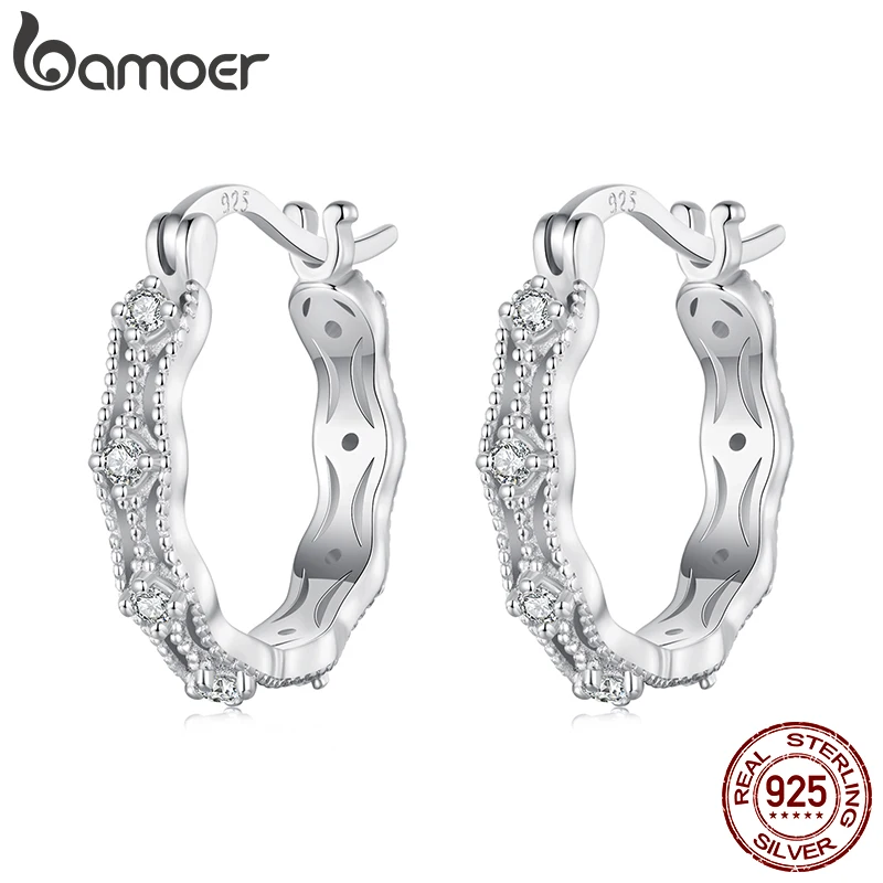 BAMOER 925 Sterling Silver Inlaid CZ Geometric Lace Hoop Earrings Light Luxury Mature Glamour Women Jewelry Accessories BSE1101