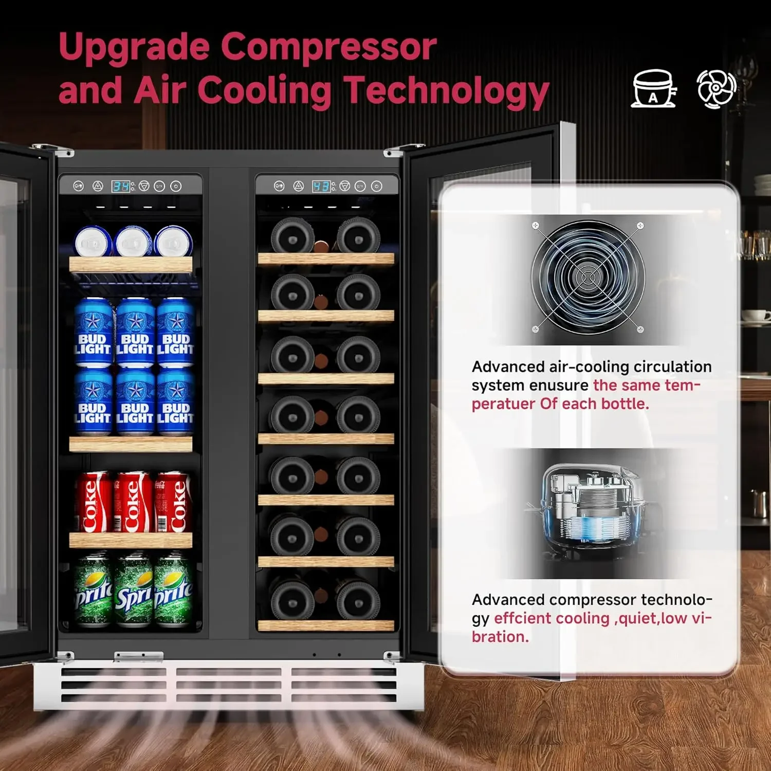 Beverage Refrigerator, Dual Zone Wine Cooler with Glass Door, Hold 88 Cans & 21 Bottles, Built in or Freestanding Under Counter