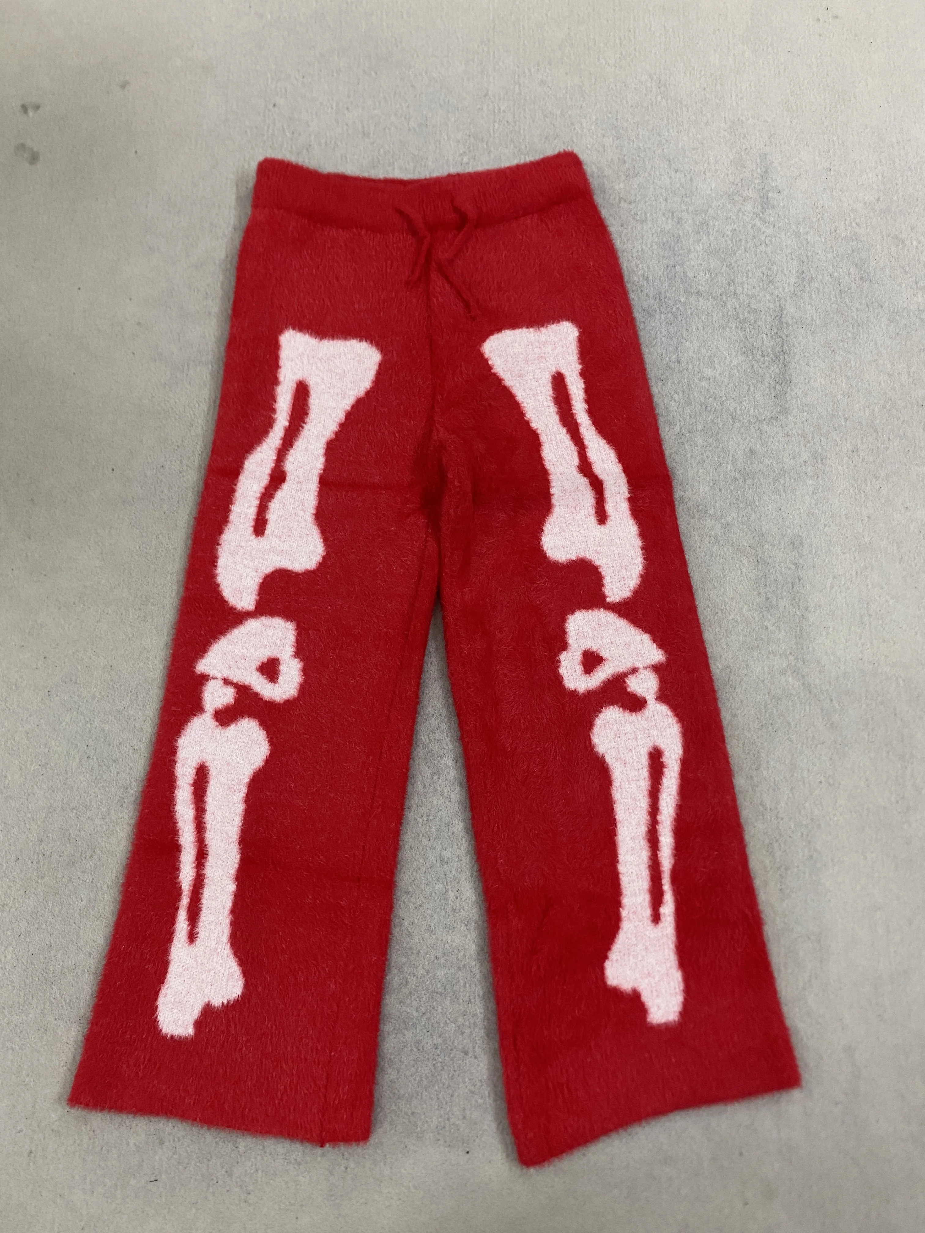 Red Fuzzy Knit Flare Pants White Skeleton Bone Jacquard Drawstring Elastic Waist Soft Mohair Y2K Alt Streetwear Bootcut Trousers