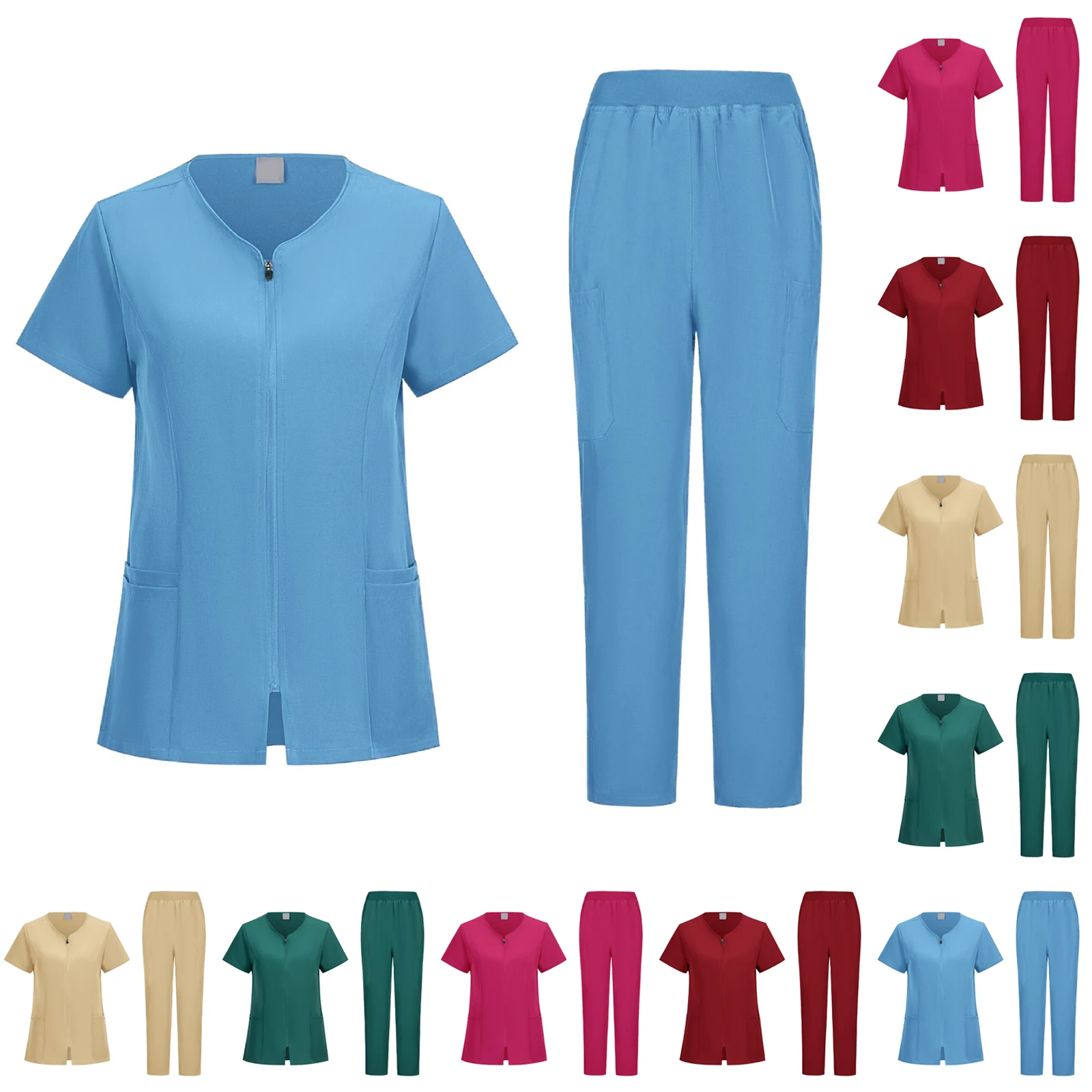 Conjunto de enfermeira feminina, cor sólida, manga curta, calças compridas, uniforme médico com vários bolsos, roupa de trabalho para cuidados de saúde