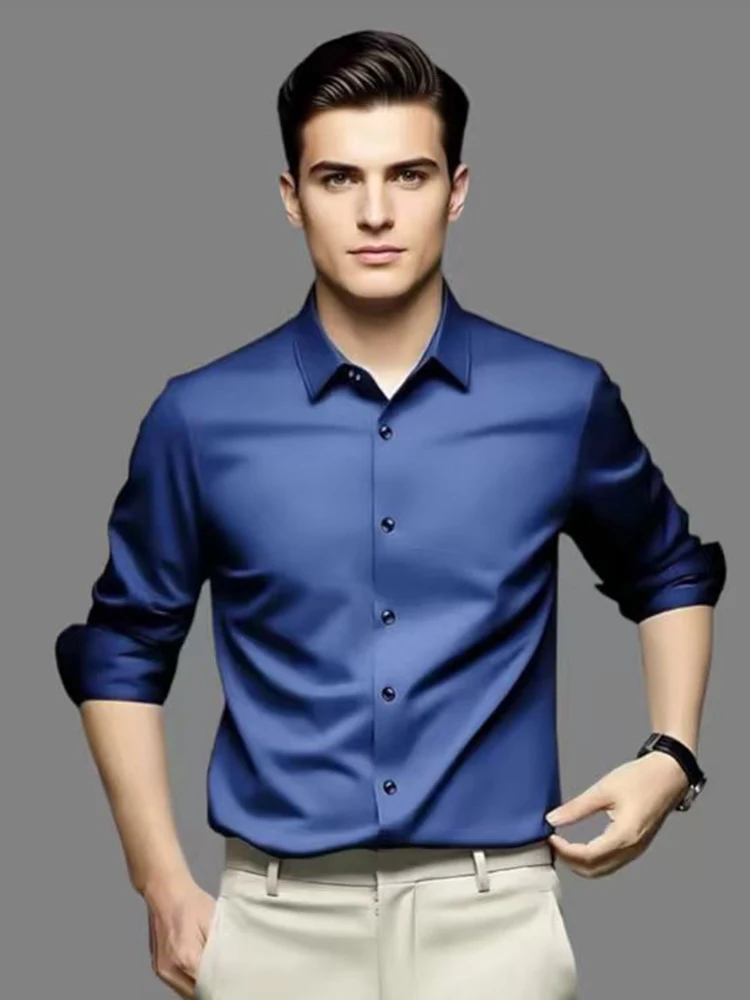 

6XL White Mens Satin Dress Shirt Long Sleeve Solid Color Button Down Business Casual Slim Fit Shirts for Party Wedding Office