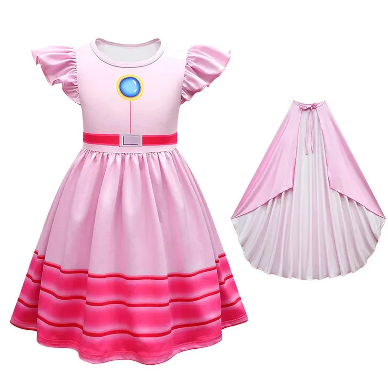 Anime Peach Princess Cosplay Costume Kids Game Pink Fluffy Sleeved Dress Girls Princess Role Play Skirt Halloween Carnival Party