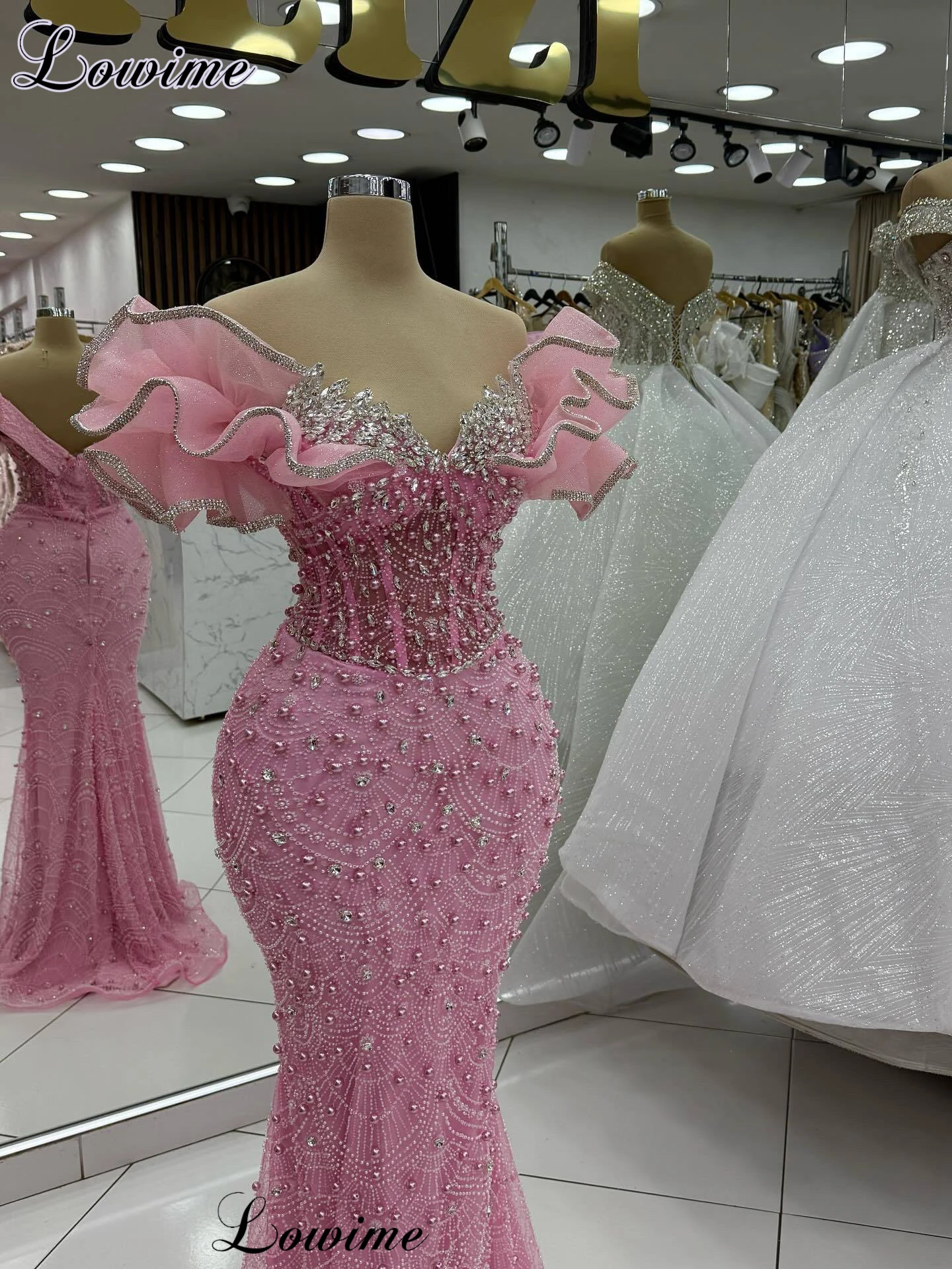 New Elegant Pink Prom Dresses Mermaid Off Shoulder Sweetheart Cocktail Dresses With Pearls Vestidos De Cóctel Customized
