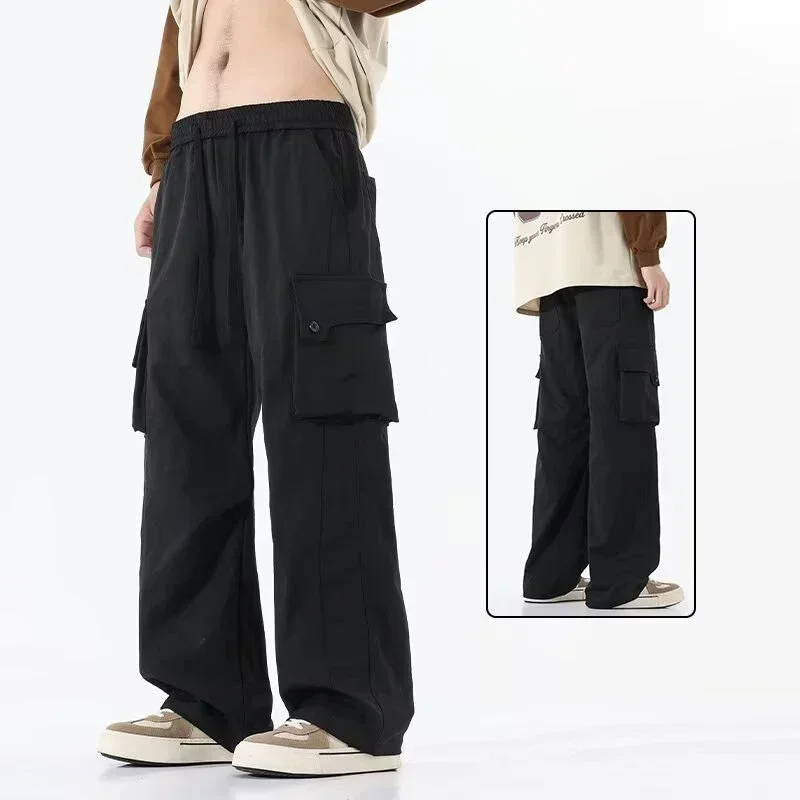 Streetwear Veelzijdige Wijde Pijpen Broek Mannen Rechte Pijpen Cargo Broek Mannelijke Koreaanse Multi Pocket Elastische Taille Casual Retro Broek