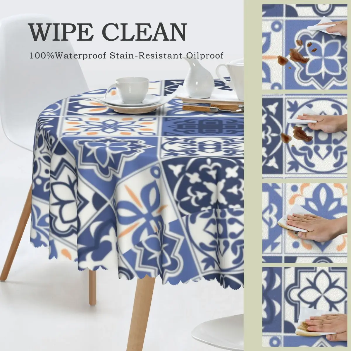 الأزرق البرتغالية بلاط مفرش المائدة مستديرة مقاوم للماء البرتغال Azulejo زهرة الجدول القماش غطاء لغرفة الطعام 60 بوصة #3
