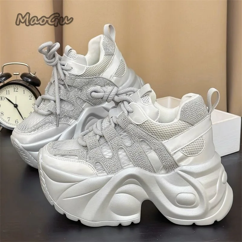 14cm Women Platform Chunky Sneakers Breathable Mesh Lace Up Dad Shoes Thick Sole Height Increasing Casual Walking Shoes Size 40 image 3