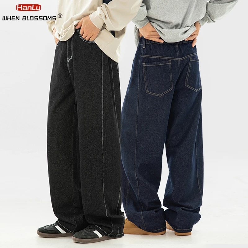 HANLU 2025 Spring New Men's Retro Wide leg Jeans Baggy Dark Wash Jeans American Straight-leg Style Loose Denim Trousers