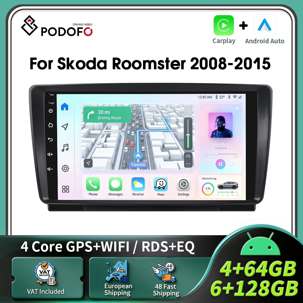 Autoradio Android Podofo con CarPlay per Skoda Roomster 2008-2015, Sistema Intelligente 2 Din, GPS, Lettore Multimediale per Auto, BT, FM