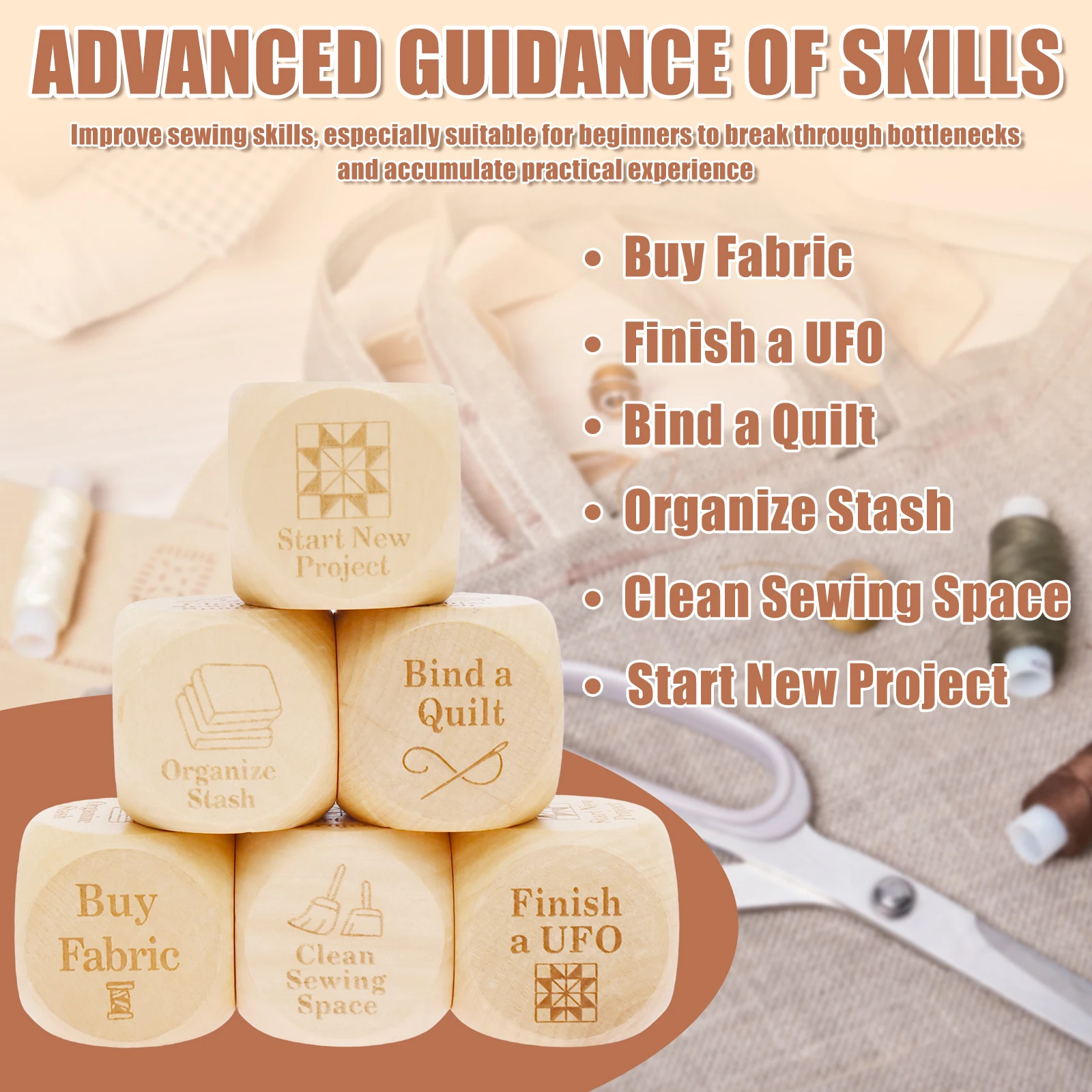 6 Pcs Fun Quilters Dice Handmade Wood Quilting Decision Dice with 6 Engraved Sewing Tasks for Sewing Lover and Craft Enthusiast