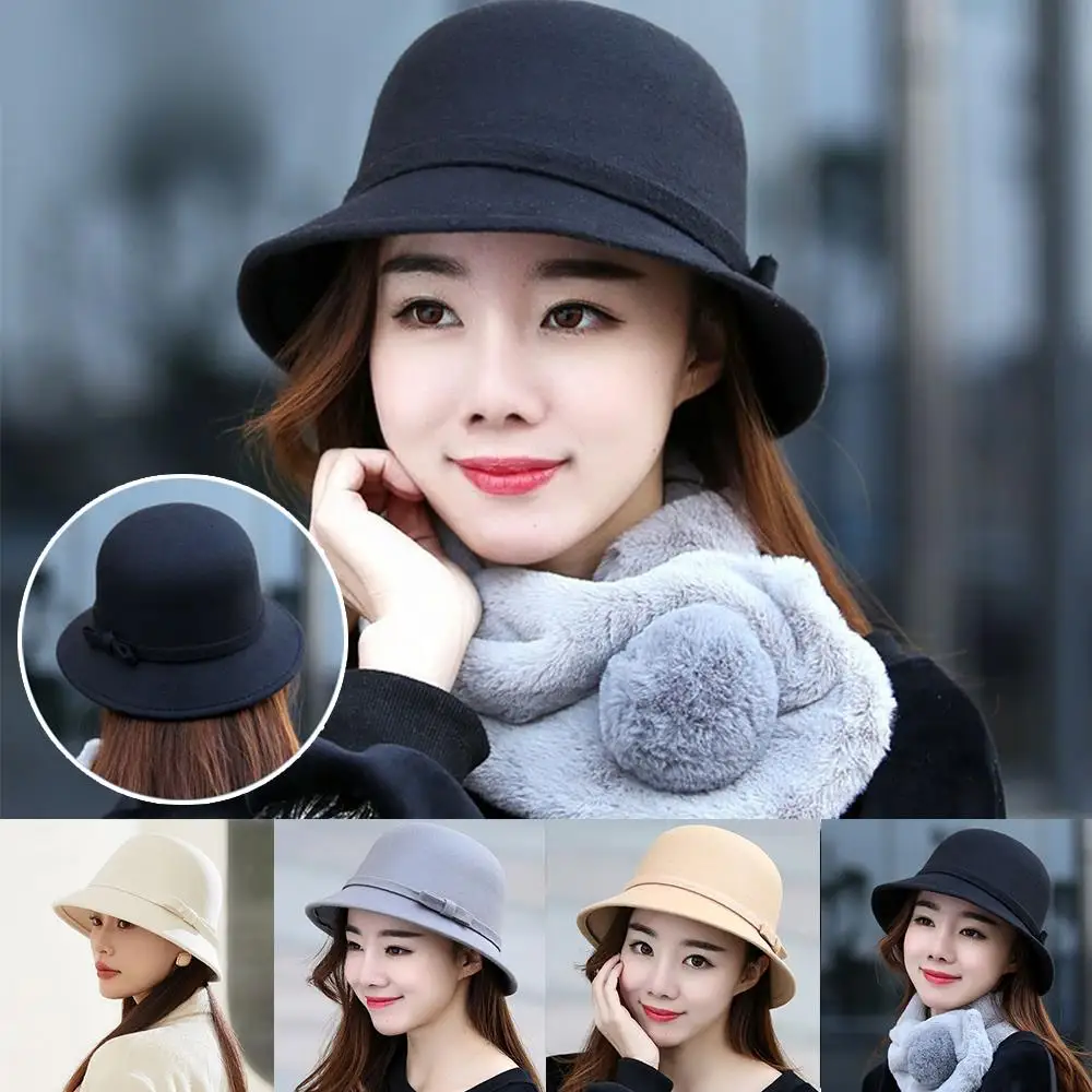 

Women Elegant Wool Felt Fedoras Hat Autumn Winter Warm Solid Color Bow Bucket Dome Cap Ladies Fashion Retro Church Top Hats