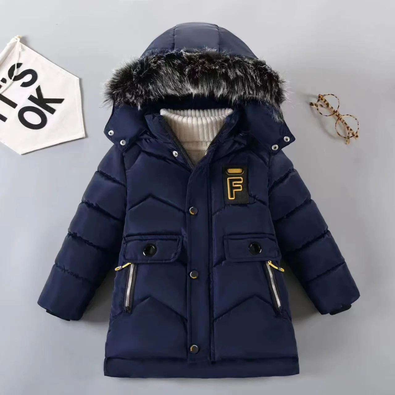 Winter New Boys Jacket Solid Color Letter Printing Thicken Keep Warm Hooded Coat For 3-10Y Kids Fashion Down Cotton Snowsuit