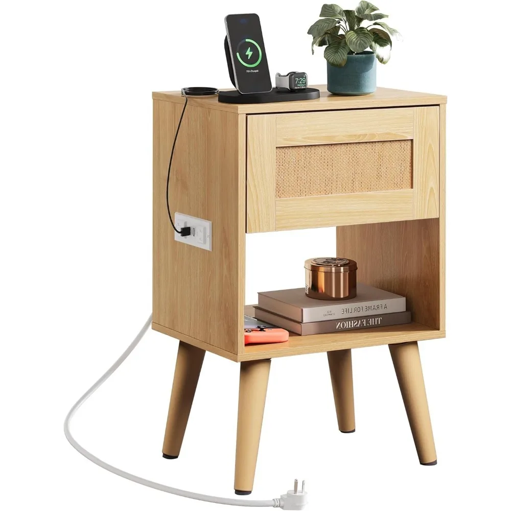 Rattan Nightstand with Charging Station, Boho Night Stand, Small Bedroom Side Table, End Table with Drawer and Storage, Wooden