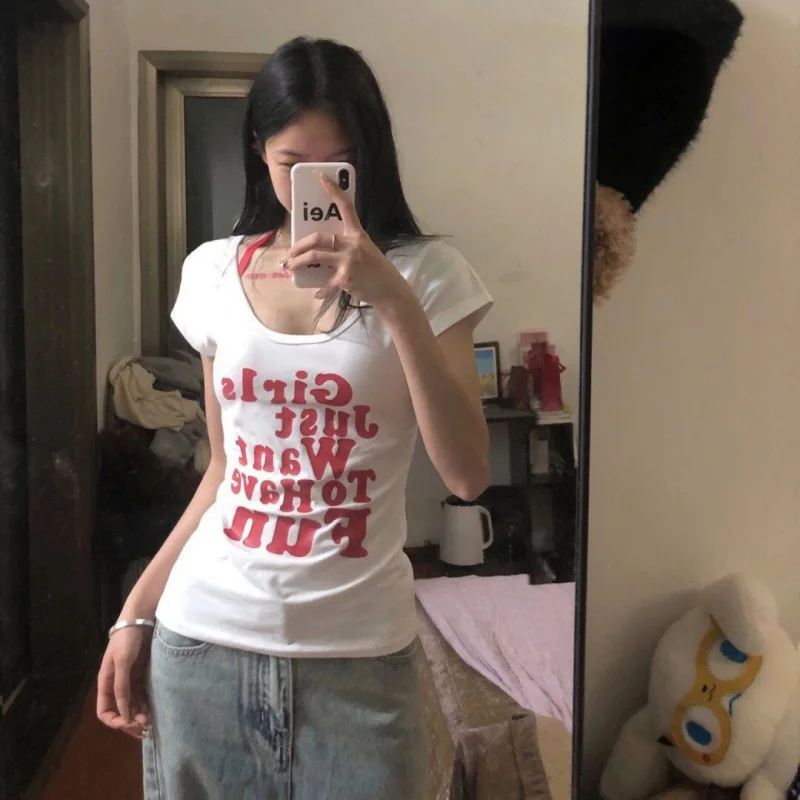 Letters Print Kpop T-shirts Women Tops Korean Fashion Gothic Tees Shirts Vintage Y2K Slim Japanese Cheap Clothes Woman Tshirt
