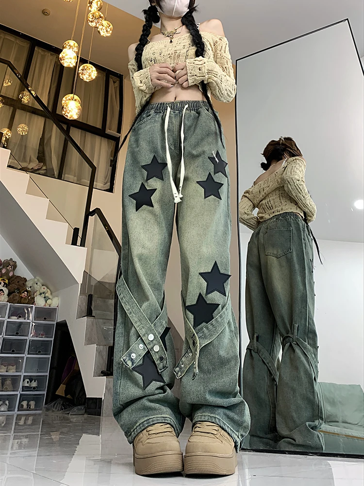 Women Baggy Blue Star Jeans Y2k 90s Aesthetic Denim Trousers 2000s Vintage Harajuku Straight Cowboy Pants Trashy Grunge Clothes