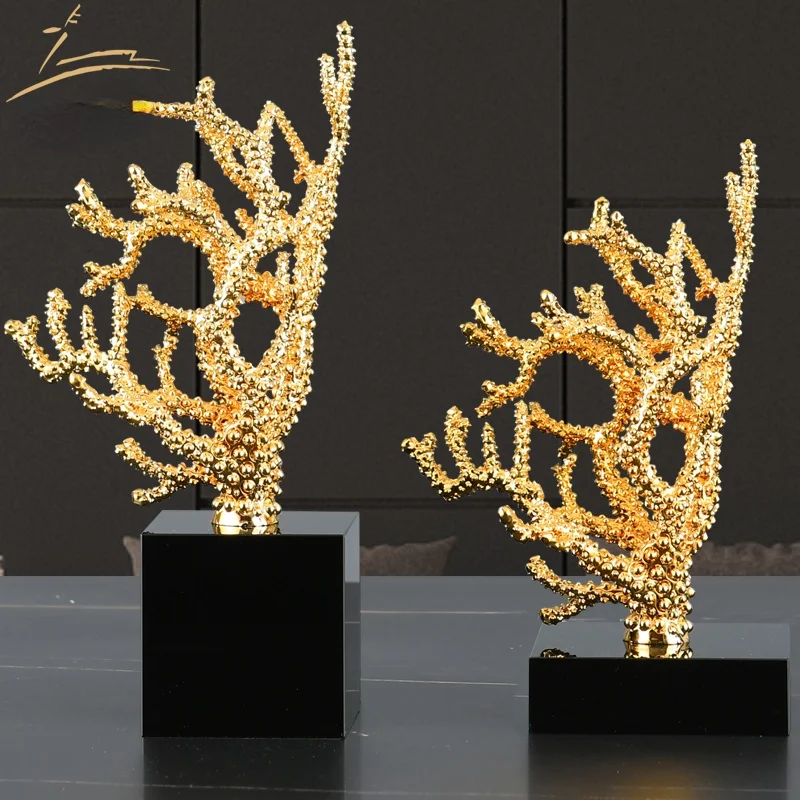 

Luxury Black Crystal Metal Coral Ornaments Handicraft Gifts Electroplating Golden Coral Art Ornaments Living Room Decoration New