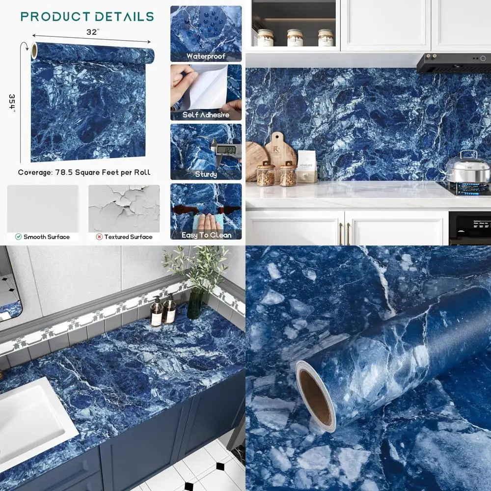 

Matte Blue Marble Peel and Stick Countertop Cover, 354x32 Inches, Waterproof, Removable Vinyl for Kitchen