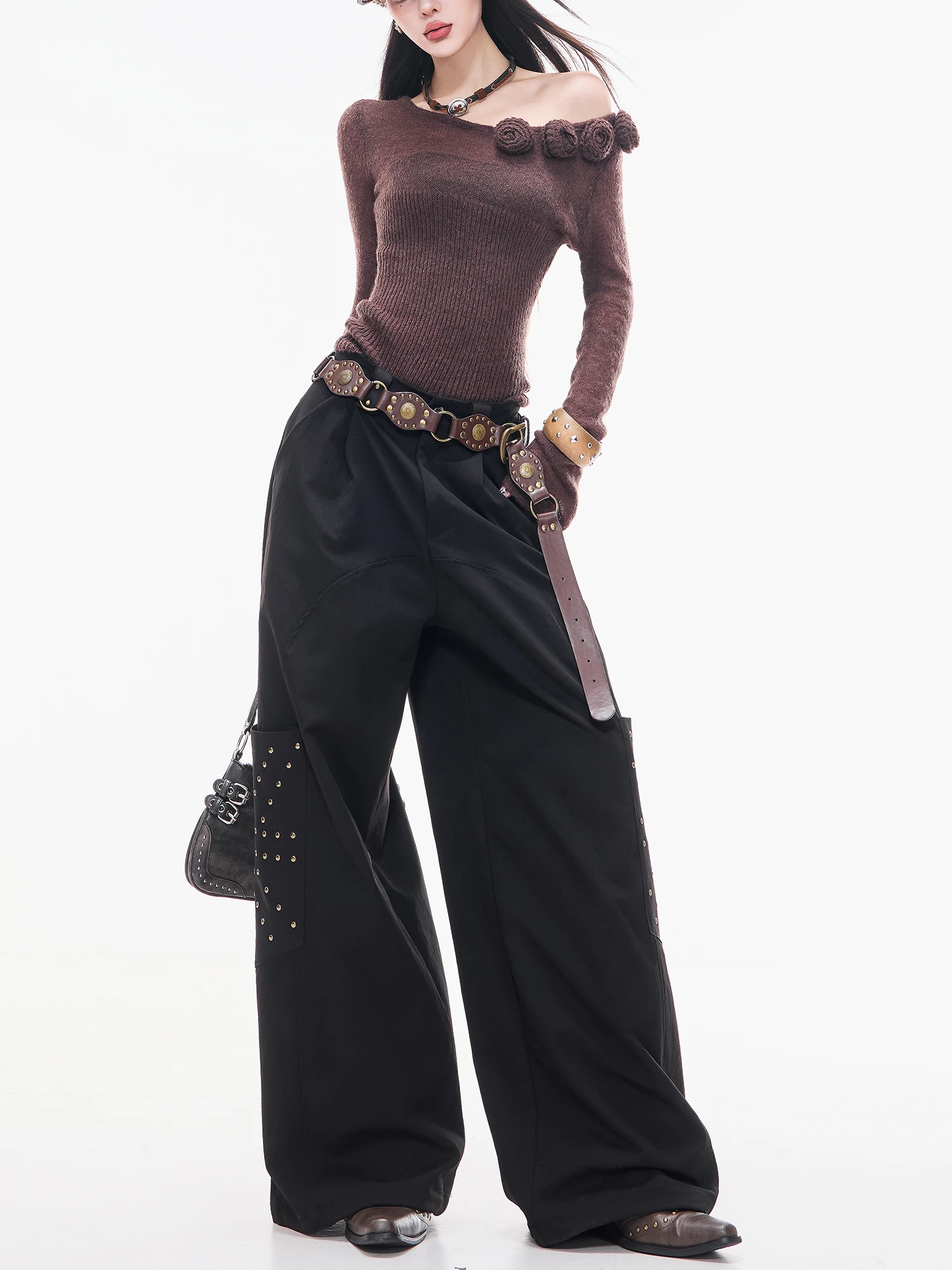 

Женские кожаные брюки ABWLR в американском стиле, свободного кроя, с широкими штанинами, с заклепками, прямые, для работы и повседневной носки