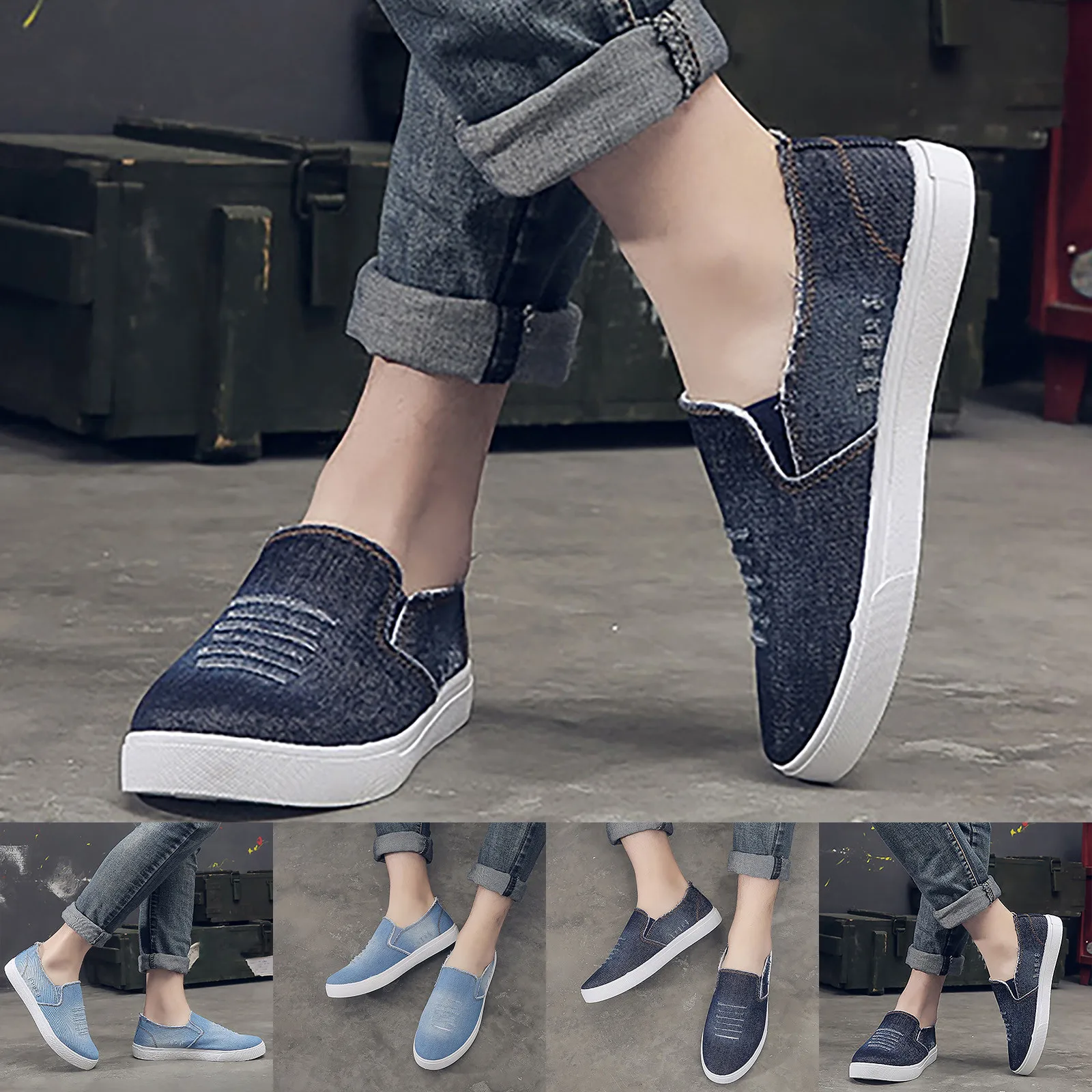 Men Slip On Shoes Canvas Loafers Shallow Denim Thick Sole Lazy Shoes 2023 Autumn Fashion Round Toe Platform Casual Daily Shoes