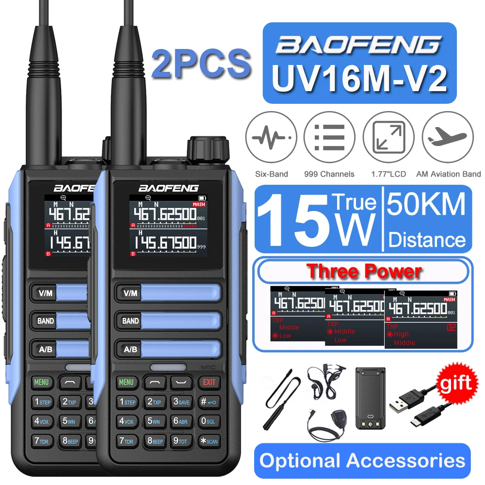 2PCS Baofeng UV16M Walkie Talkie 999CH AM FM  Radio Frequency Copy Noise Reduce Flashlight Portable Two Way Radio for Hunting