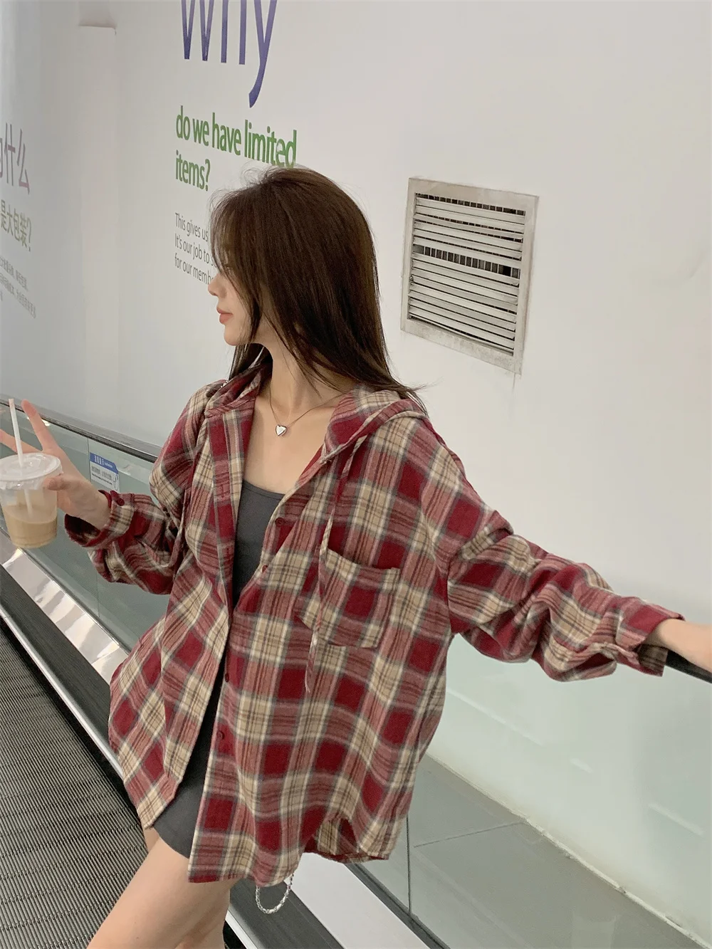 Hooded Shirts Women Vintage Plaid Long Sleeve Coats Korean Style Casual Loose Side Slit Design Outerwear Spring Autumn Chic Ins